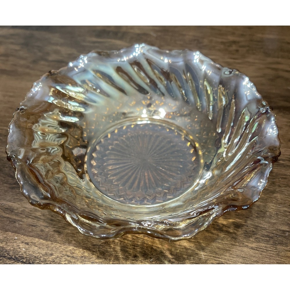 Vintage Marigold carnival glass ruffle‎ bowl, candy dish Iridescent Press Glass
